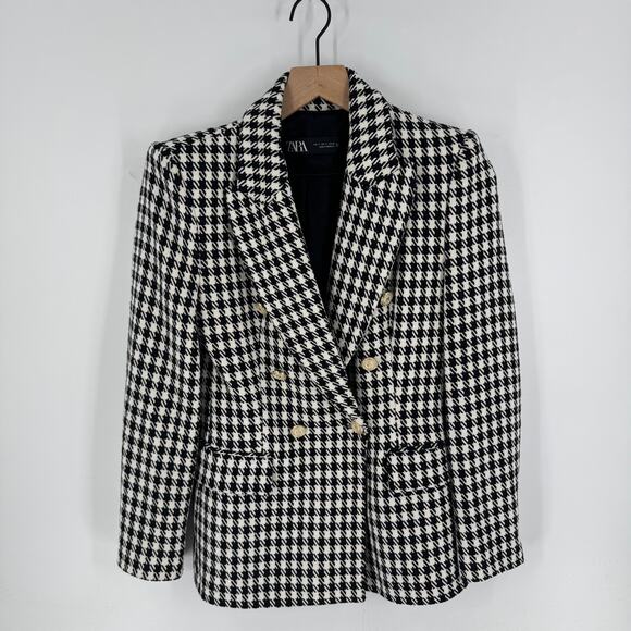 ZARA Black White Houndstooth Double Breasted Blazer Gold Button Tweed Size Small - Picture 9 of 9